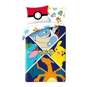 Halantex beddengoedset Pokemon Évolution voor kinderen, omkeerbaar, dekbedovertrek 140 x 200 cm + kussenhoes, motief: Pikachu, Turtok (Carapuce), Glurak (Glumanda) en Florisaur (Bulbizarre), POK611