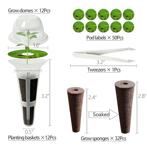 Image of 107pcs Seed Pod Kit for Aerogarden, Hydroponics Garden Accessories for System Compatible with Hydroponics Supplies from All Brands, 32 Grow Sponges, 12 Plant Baskets & Domes, 50 Pod Labels, 1 Tweezer