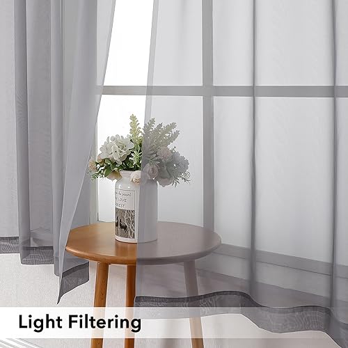 Image of Simplebrand Rod Pocket Top Solid Voile Sheer Curtains for Bedroom, 54 Inch Length Drapes Set of 2, Lightweight and Light Filtering Elegant Ivory Curtains Panels Window Treatment, 42Wx54L, Grey