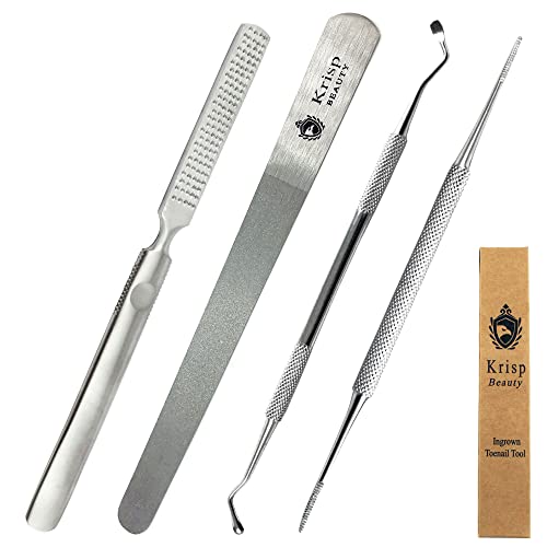 Ingrown Toenail Kit – Double Ended Toe Nail Lifter Dual Sided Nail File Fingernail Cleaner Foot Rasp Callus Remover Stainless Steel Spa Salon Manicure Pedicure Nail Care Tools 4 Pc Set By Krisp Beauty