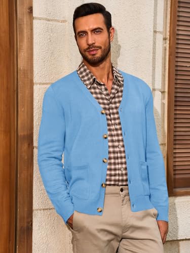 Runcati Mens Cardigan Sweater V Neck Button Down Sweaters Long Sleeve Lightweight Fall Knit Outwear with Pockets3