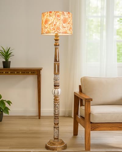 Image of Homesake Royal Carving Antique White Finish Wooden Floor Lamp for Living Room | Light Decoration for Home Corner | Corner Lamp for Living Room Bedside | Floor Light Ornate Patterns Shade, Bird