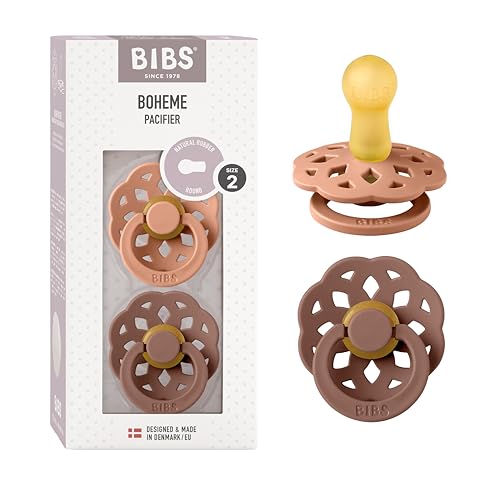 Image of BIBS Pacifiers - Boheme Collection | BPA-Free Baby Pacifier | Made in Denmark | Set of 2 Peach/Woodchuck Color Premium Soothers | Size 6-18 Months