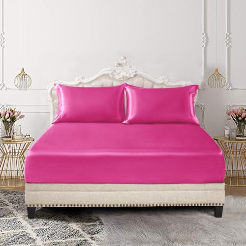 Image of SiinvdaBZX 3-Piece Set Satin Queen Fitted Sheet & 2 Pillowcase, Hot Pink Silky Soft Fitted Bottom Sheet, Wrinkle Free, Fade Resistant, Deep Pocket Bed Sheet (Deep Up to 15 inch)
