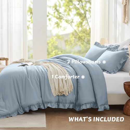Image of FUANNA Queen Comforter Set Grayish Blue, 3 Pieces Ruffle Queen Bed Set, Fluffy Bed in a Bag Queen for All Seasons, Shabby Chic Bedding Comforter Sets with 1 Lightweight Comforter & 2 Pillowshams