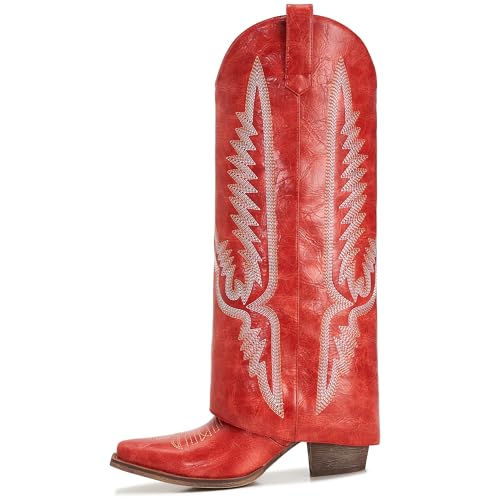 Image of Fold Over Boots for Women Pointy Pull-on Wedge Heel Knee Shark Boot With Side Zipper Padlock Design