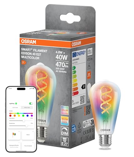 Osram Lampe LED SMART+ Edison 40 Filament E27, RGBW, compatible Matter, connexion WiFi, application et commande vocale, 4,8 W, multicolore, dimmable