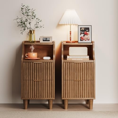 Image of Narrow Nightstand Set of 2,11.8 inch Fluted Bedside Table Set of 2, Slim Side End Table with 2 Drawers, Wooden Bedside Table, Mid Century Modern Night Stand for Bedroom Livingroom Sofa Office