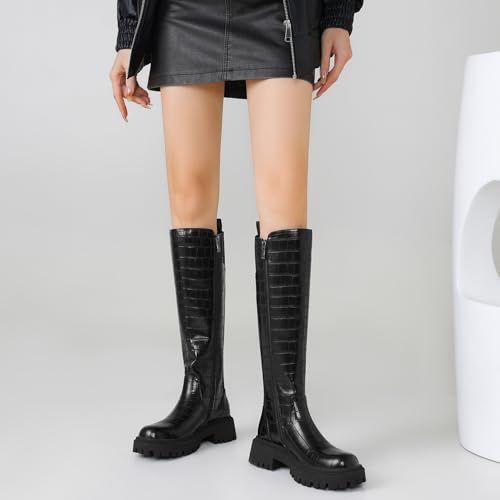 Image of TEAIEU Knee High Boots for Women, Platform Chunky Block Low Heel Tall Boots, Round Toe Side Zipper Fall Long Boots for Dress, Stretch Calf, Comfortable