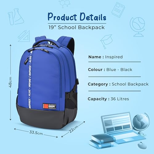Image of Gear Inspired 19 inch /36L Large Water Resistant School Bag | Casual Backpack | Daypack | Travel Backpack | Kids Bag for Boys /Girls (Blue - Black)
