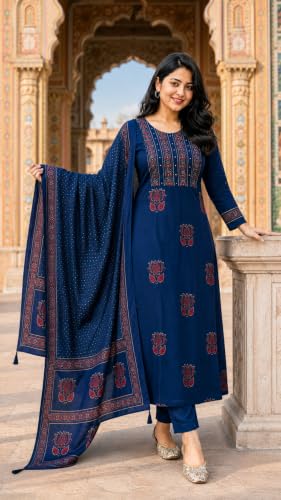 Image of Women's Cotton Kurta Sets for Women with Palazzo Pants with Dupatta for Woman | Pure Cotton 3 Piece Kurti Set | Women Suit Set for Daily