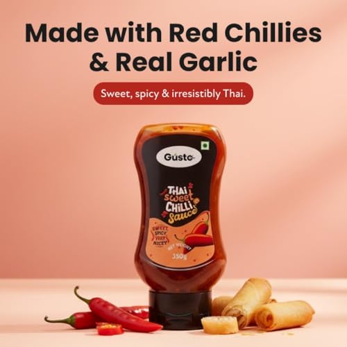 Image of Gusto Foods Thai Sweet Chilli Sauce (350g) | Original Thai Chilly Momos Sauce | Ready to Use Thai Chilli Garlic Dip, Use with Noodles, Momos, Burgers or Marinade | Syrupy glossy texture