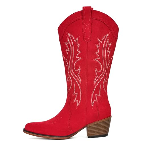 Image of IUV Cowboy Boots For Women Western Cowgirl Boots Mid Calf Snip Toe | Chunky Heel Ideal for low insteps