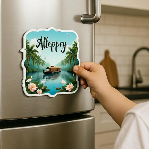 Image of Naxon Alleppey Kerala Souvenir Wooden Fridge Magnet - 3x3 Inch Refrigerator Magnet for Kitchen & Home Decor | Travel Souvenir Gift with Backwaters & Houseboat Design | Pack of 1