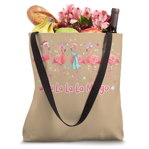 Bolso tote navideño con flamingos cantando 'Fa La La La Mingo', diseño festivo con gorros de Papá Noel y astas de reno miniatura 4