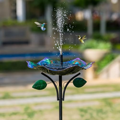 dreamysoul Lotus Shape Bird Baths for Outside, 11 Inches Dia Colorful Peacock Feather Pattern Bird Bath Bowl, 5-Pronged Base Freestanding Metal Birdbath for Outdoors Garden Patio Yard Lawn