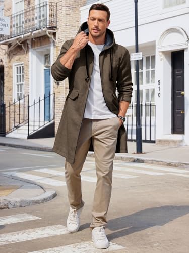 Image of ZIWOCH Mens Trench Coat Wool Blend Hoodie Long Jacket Full Zip Winter Classic Business Overcoat
