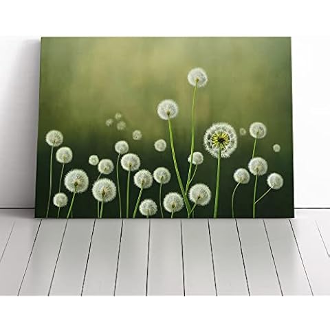 Enthralling Dandelion Flowers Green, Green, Cream Canvas Wall Art Picture Print - Modern Home Décor Painting Framed - Ready to Hang Poster for Living Room Bedroom - 30x20 Inch Cover