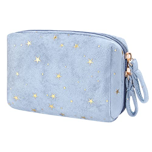 Desing Wish Trousse de maquillage en velours avec fermeture éclair et étoiles dorées pour filles et femmes (Bleu) Cover