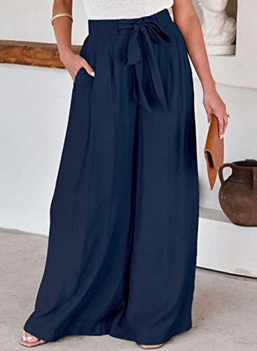 Dokotoo 2023 Linen Pants For Women Ladies High Waist Wide Leg Pant With Tie Front Spring Summer Long Straight Solid Beach Sport Trousers Belted Pocketed Pants Blue S #TOP2