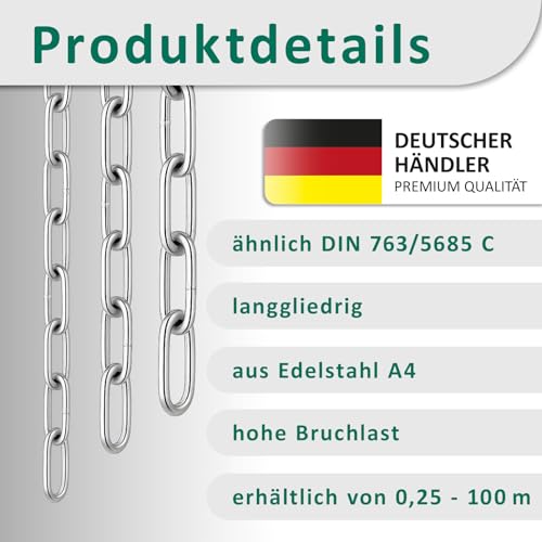 Chaîne acier 2 mm long maillon inox A4 DSM de 50 m