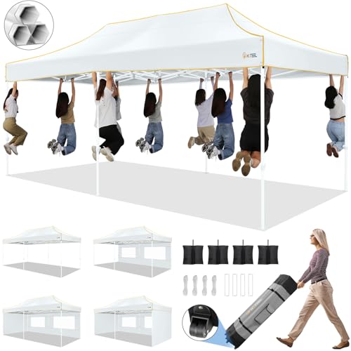 Image of HOTEEL 12x25 Pop up Canopy Tent for Parties, Heavy Duty Easy Setup Tent with 6 Sidewalls, Outdoor Commercial Instant Gazebo for Wedding Event, with Roller Bag & Sand Bags, White(Hexagonal Frame)