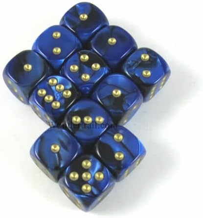 Wondertrail Black Blue Gemini with Gold Pips 12mm D6 Dice Set of 12 WCX26835E12
