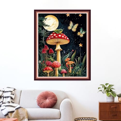 Image of Funxvoot Stamped Cross Stitch Kits for Beginners or Adults Embroidery Starter Patterns | DIY Printed Cross Stitch Kits Needlepoint for Adults 11CT-Mushroom Moon 16x20 inch
