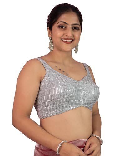 Women's Sequin Embroidered Sweetheart Neck Sleeveless Readymade Saree Blouse Indian Ethnic Designer Stitched Handmade Top Padded Pink Yellow Green E7 (Silver, 38)
