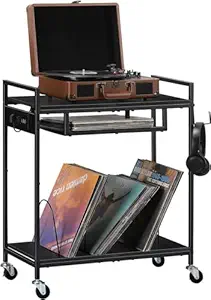 INDIDECOR 61866 Record Player Stand, Vinyl Storage Cabinet, Turntable Stand with Charging Station, Record Holder, Album Shelf, Nightstand, 2 Tier End Table on Wheels for Bedroom and Living Room, Black