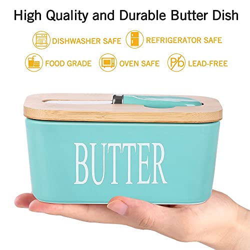 Image of Ceramic Butter Dish with Wooden Lid and Stainless Steel Knife, Large Butter Container Keeper with Bamboo Cover and Silicone Sealing Ring for West and East Coast Butter (Green)
