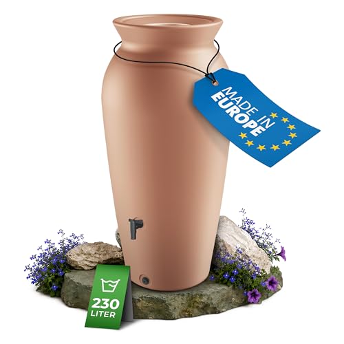 YourCasa DropCatcher Récupérateur d'eau de pluie, 120 à 230 l, avec panier filtrant et robinet, en plastique, résistant au gel, pour le jardin (terre cuite, 230 l)