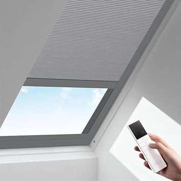 Motorized Blackout Skylight Cellular Shades 93021E Light Grey | Light blocking | Custom fit for skylight & sloped windows | Honeycomb insulation | Remote control | Smart control via hub