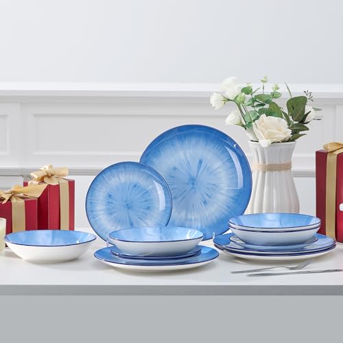 Image of Bestone Porcelain Dinnerware Sets Service for 4, 12 pcs Hand drawn Plates and Bowls Sets, Handmade Ceramic Dish Set, Chip Resistant Modern Plate Set, Dishwasher /Microwave Safe,Starburst blue