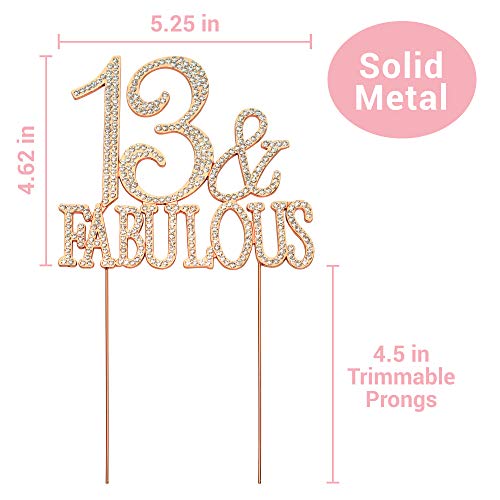 13 Cake Topper - Premium Rose Gold Metal - 13 & Fabulous - 13th Birthday Party Sparkly Rhinestone Decoration Makes a Great Centerpiece - Now Protected in a Box - Thumbnail 3