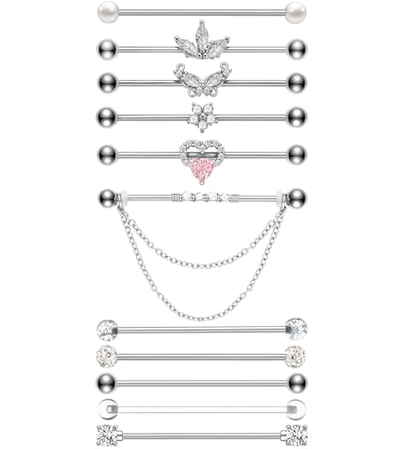 BJFEW Industrial Piercing Jewelry Silver Industrial Bar 14G Surgical Stainless Steel Industrial Earrings Chain Butterfly Flower Heart Industrial Barbell 1 1/2(38mm) Bar Length