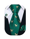 Barry.Wang Green Dinosaur Ties Silk Necktie Set for Men Wedding Business