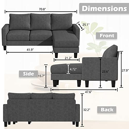 Yeshomy Convertible Sectional 3 L-Shaped Couch Soft Seat With Modern Linen Fabric, Small Space Sofas For Living Room, Apartment And Office, 70'', Dark Gray #TOP1