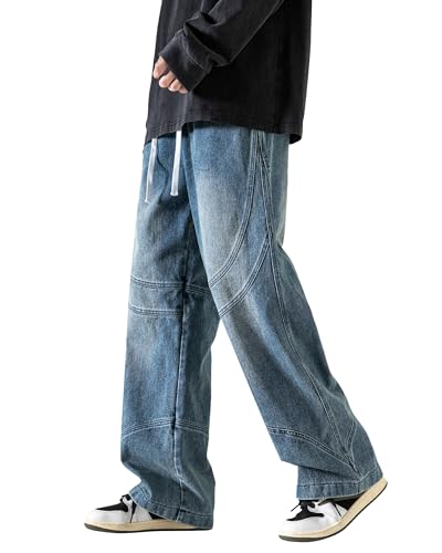 PRIJOUHE Mens Baggy Jeans Hip Hop Loose Fit Elastic Waist Distressed Jeans Denim Skate Pants