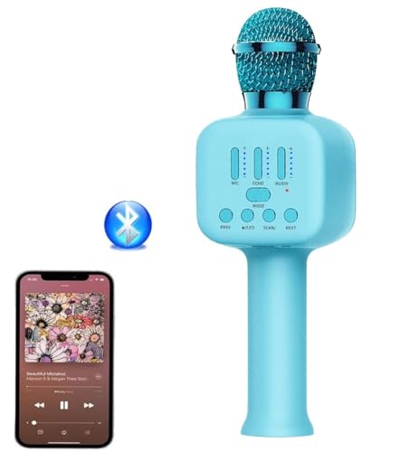 COSHANO Micrófono Inalámbrico con Altavoz y luz RGB Karaoke Bluetooth, Infantil, Portátil para niños y Adultos Cantar Musical. (Azul)