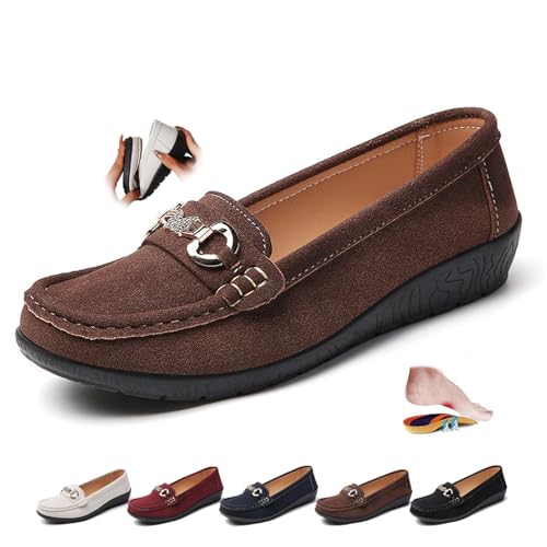 ZPLMIDE Mocasines ortopédicos de piel de ante para mujer, estilo retro, mocasines para conducir, cómodos, sin cordones, zapatos náuticos de moda, tacones de cuña, Brown, 43 EU