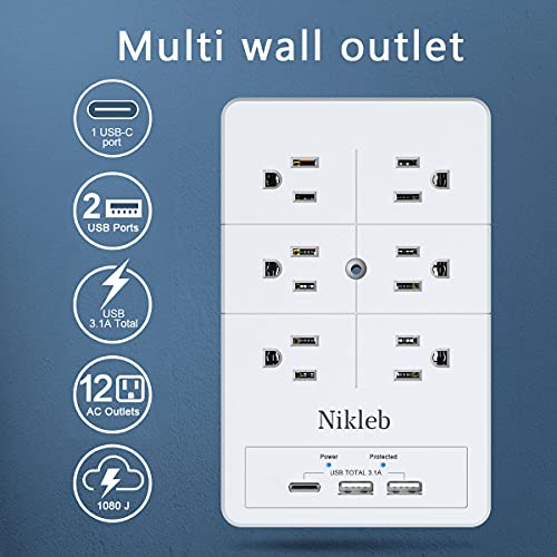 Outlet Extender Surge Protector Nikleb, Multi Plug Outlet With Usb Ports Total 3.1A, Usb Wall Charger Multiports With C Adapter, Usb&Outlet Splitter Heavy Duty, Wall Plug Extender For Gaming Stuff #TOP1
