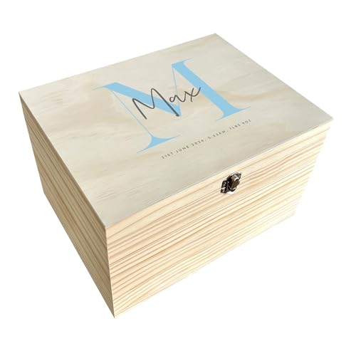 Personalised Baby Keepsake Box with Initial | Treasured Memories Gift Box for Newborns | Personalised Name and Date | Colour Options | Pine Box with Metal Hinges & Clasp | W20cm x D15cm x H11cm
