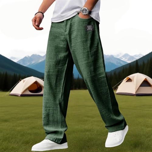 Mens Cotton and Linen Pants Fall Casual Hemp Fabric Embroidered Logo Loose Elastic Waist with Pocket Trousers4