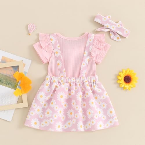 ZZLBUF Toddler Baby Girl Outfits Ribbed Ruffle Long Sleeve T-Shirt/Romper Top Suspender Skirt with Headband Kids 3Pcs Clothes Set