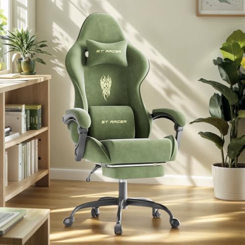 Image of Soontrans Ergonomic Velvet Fabric Gaming Chair with Footrest, Comfortable Video Gamer Chair for Adult, Reclining Office Computer Desk Game Chairs with Massage Lumbar Cushion,Headrest