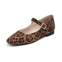 Feversole Women's Square Toe Mary Jane Fashion,Punta Quadrata Easy Buckle Tacco Basso Slip On Flats in Pelle Vegana LeopardoTaglie 37 EU