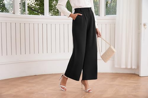TASAMO Women's High Waist Wide Leg Dress Pants Business Casual Work Attire with Adjustable Elastic Waist and Ankle Length Straight Leg Side Pockets Trousers for Office Black3
