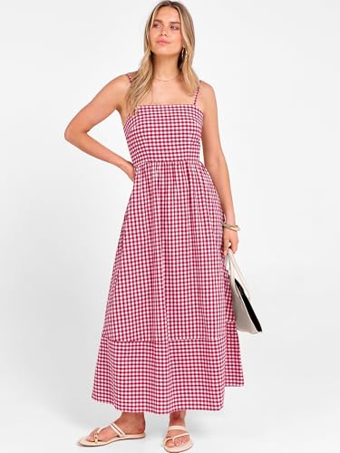 Image of Caracilia Womens Maxi Dresses Gingham Spaghetti Strap Back Smocked Flowy Long Sundress Summer Beach Vacation Clothes 2026