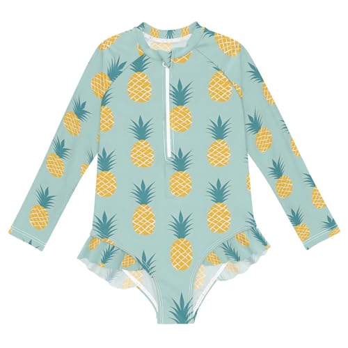 ALAZA Pineapple Cartoon Funny Girls One Piece Swimsuit Long Sleeve Rash Guard Swimsuits UV 50+ Swimwear Zipper
